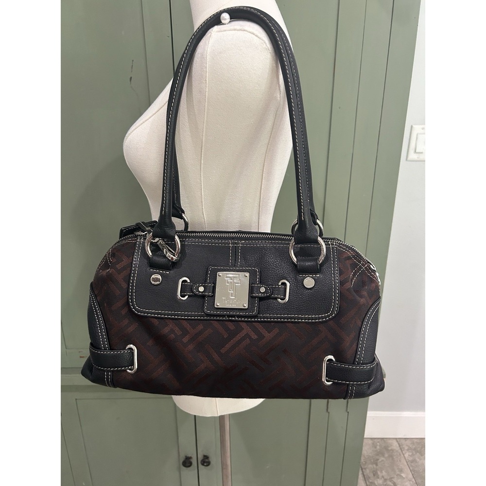 TIGNANELLO Signature Canvas Brown/Black Pebbled Leather‎ Handbag Silver Hardware